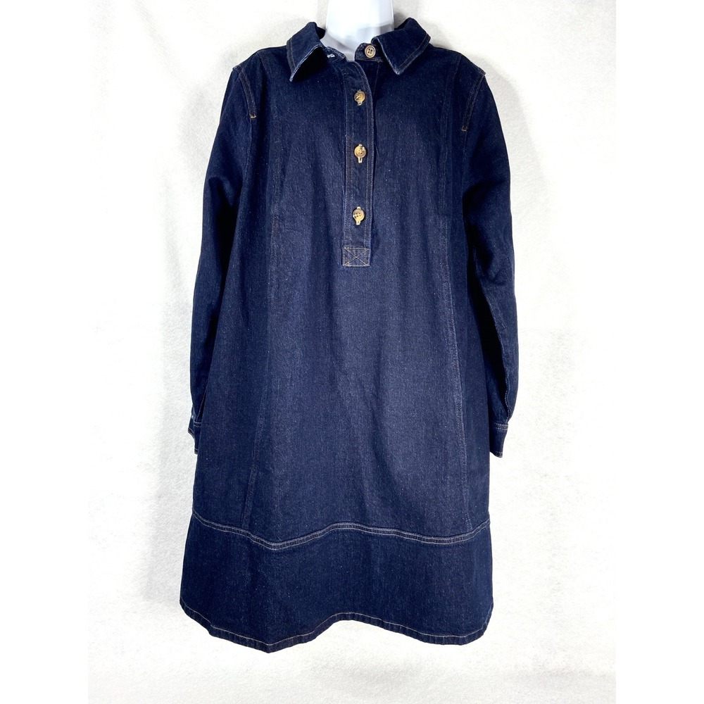 Lands End Denim Dress Women's 1X Blue Shift Long Sleeves Cotton Boho Chic NWOT